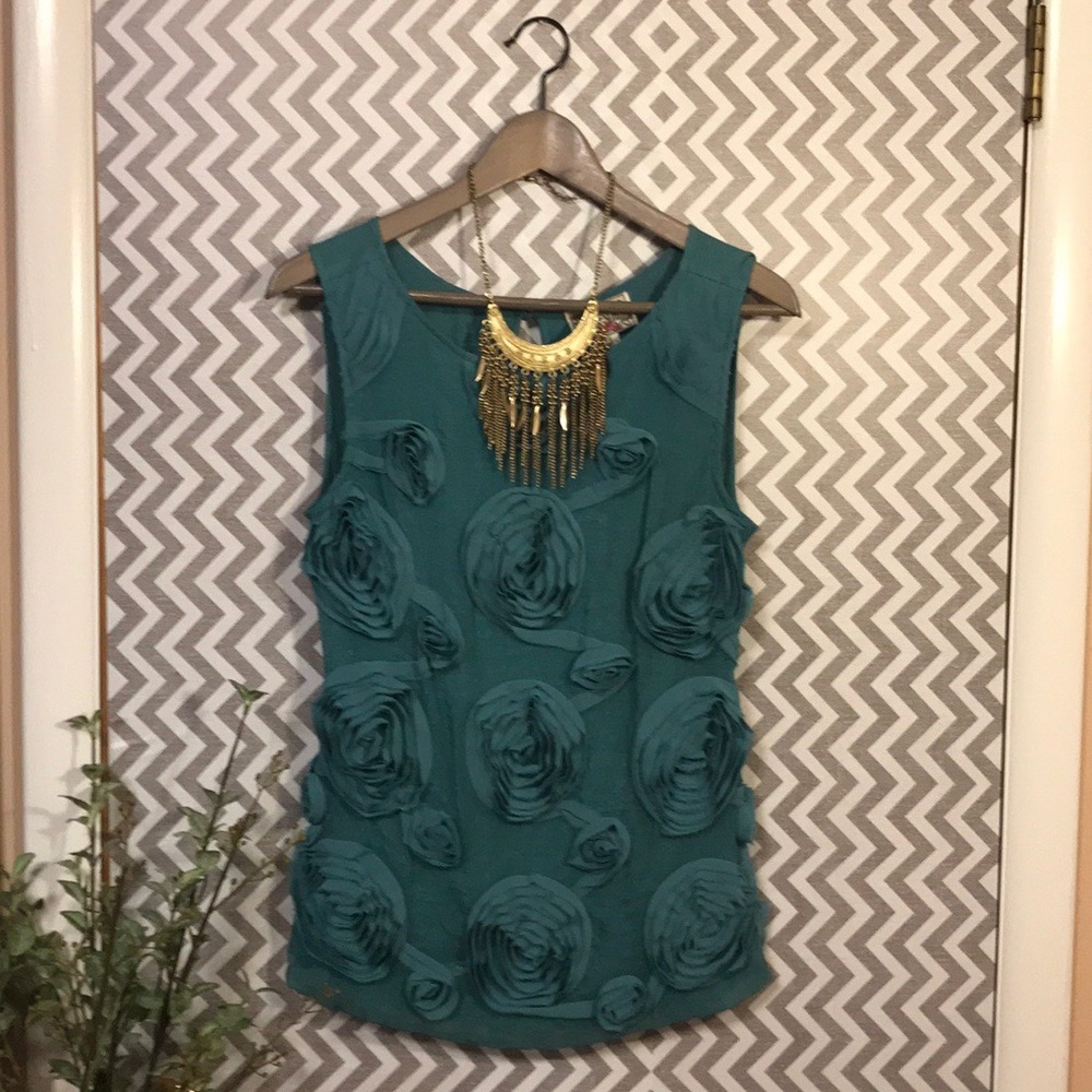 Anthropologie Teal Rosette Tank, Small